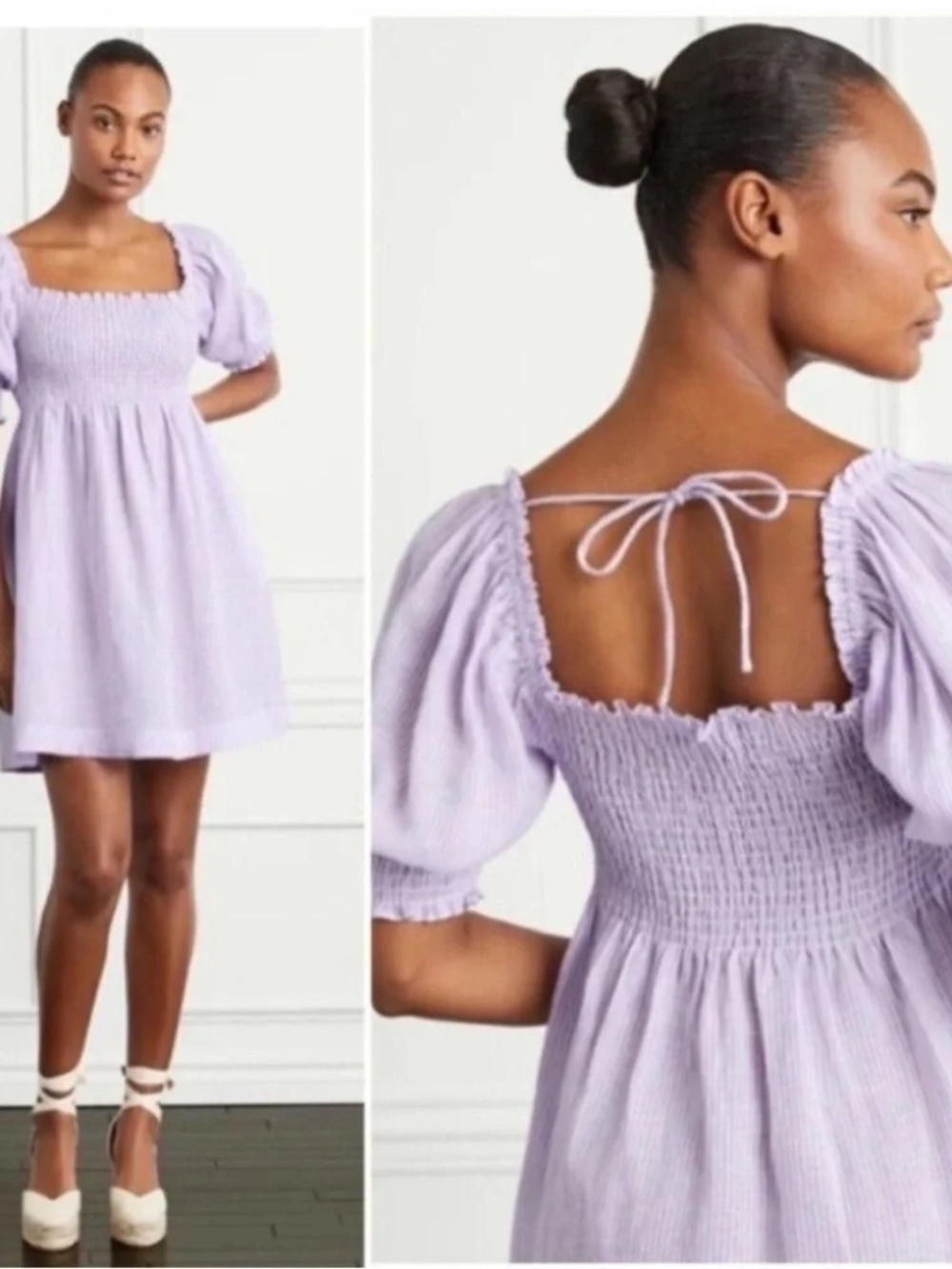 Hill House Lilac Striped Smocked Puff-Sleeve Athena The Nap Dress 100% Linen